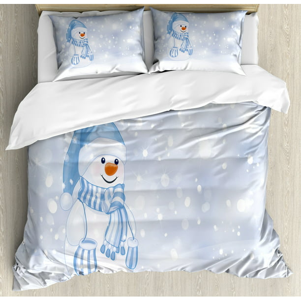 Winter Duvet Cover Set Kids Toddler Design Happy Snowman Cartoon