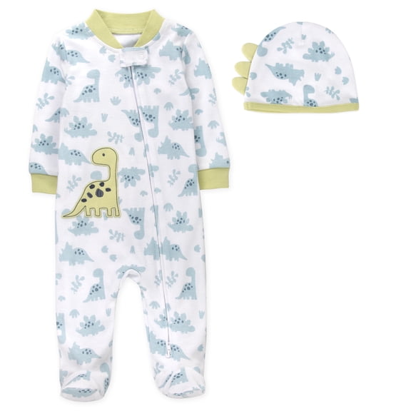 Baby Essentials Newborn Infant Boys 0 Months Embroidered Romper Footie with Matching Hat in Green Blue Dinosaurs
