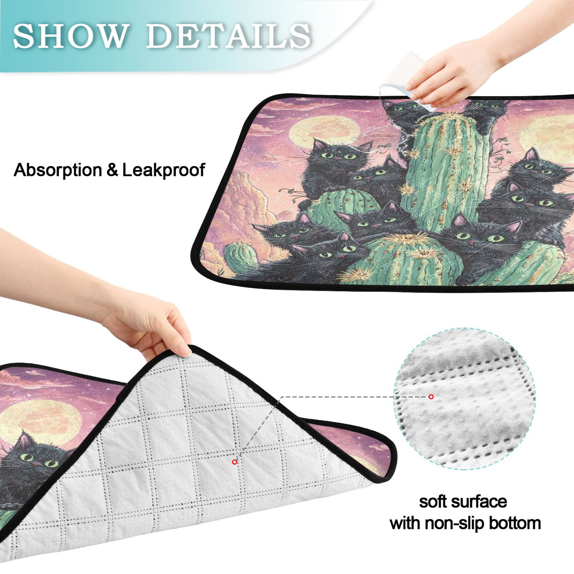 Qxltty Black Cat with Cactus Cat litter Pads Pet Set of 3 Diaper Mats Center Anti-leakage Layer Absorbent Soft and Comfortable