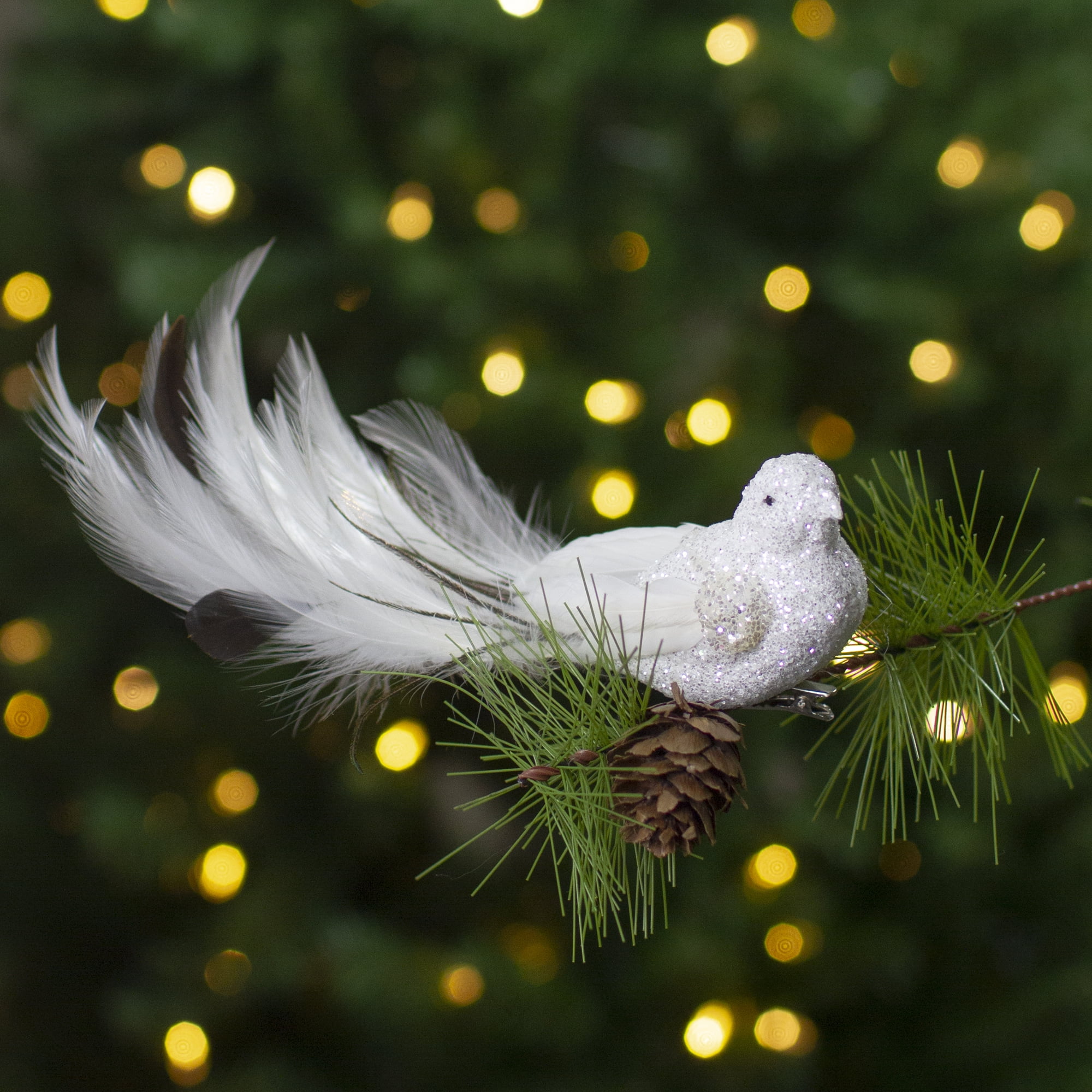 Northlight 8" White and Black Glittered Bird with Feather Tail Christmas Ornament with Clip