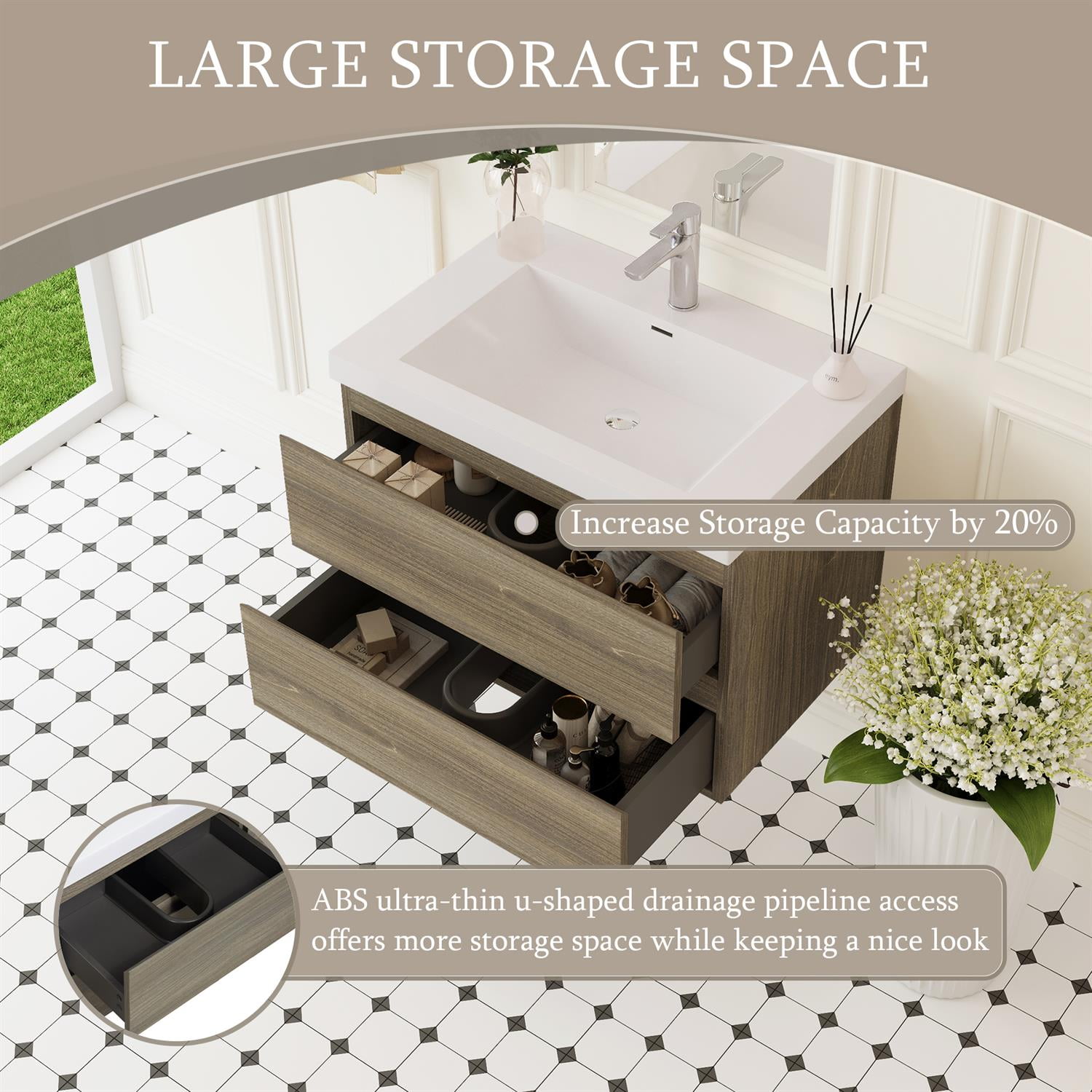 Demi Bonn 30" Floating Bathroom Vanity with Sink, Resin Top Basin and 2 Soft Close Drawers, Faucets and Drains Not Included, Gray