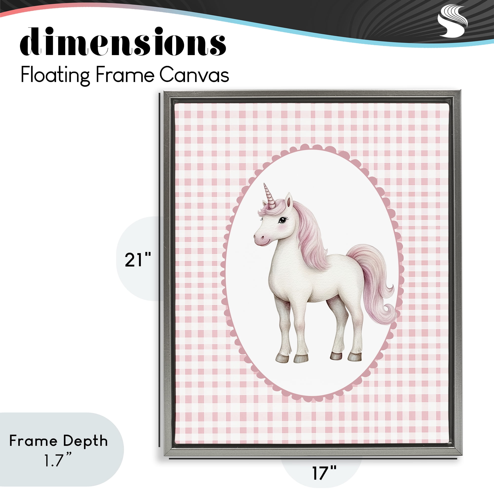 Stupell Industries Pink Gingham Unicorn Gray Framed Floater Canvas Wall Art, design by Christine Simpson Art
