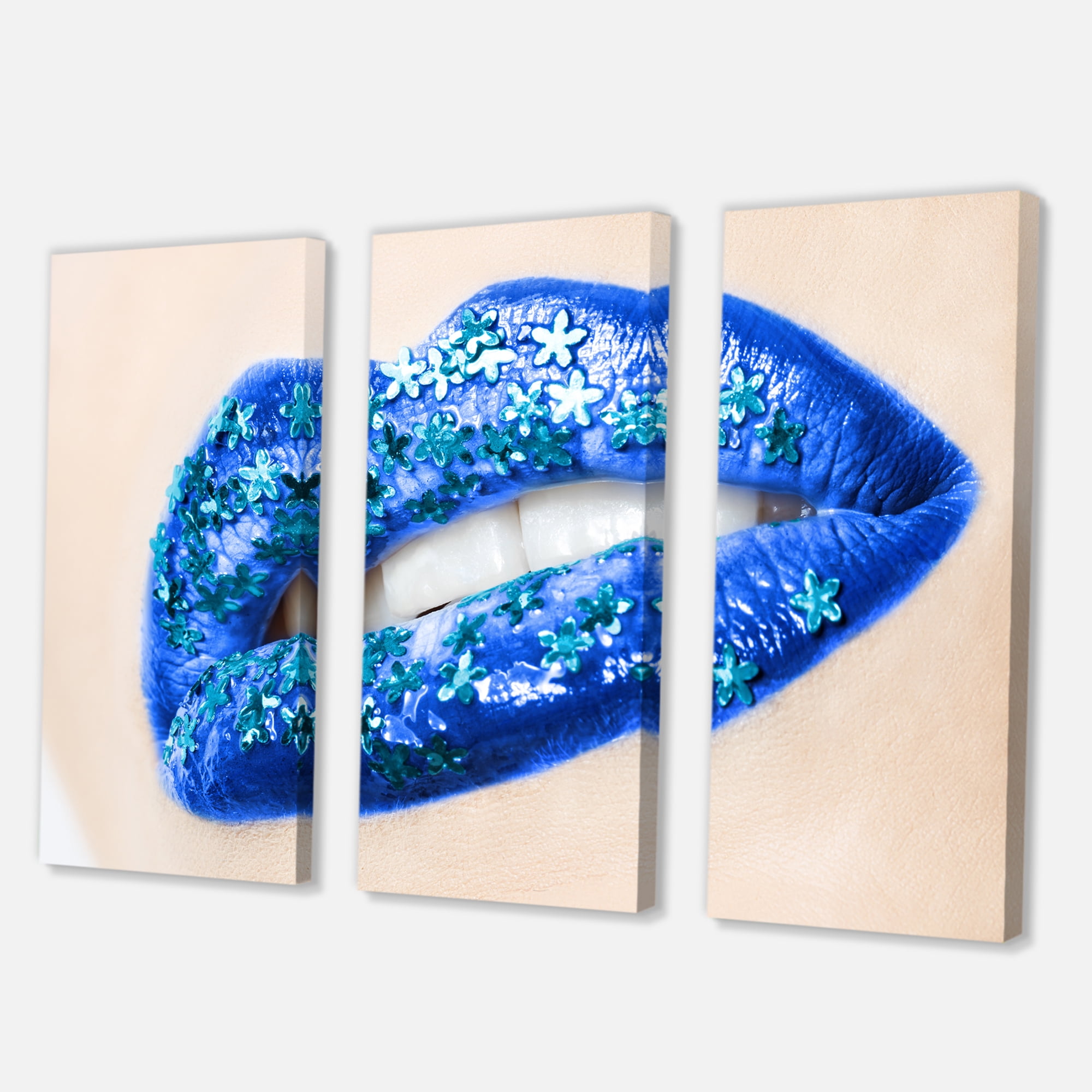 Designart ' Beautiful Woman Lips Blue With Flowers ' Modern Canvas Wall Art Print