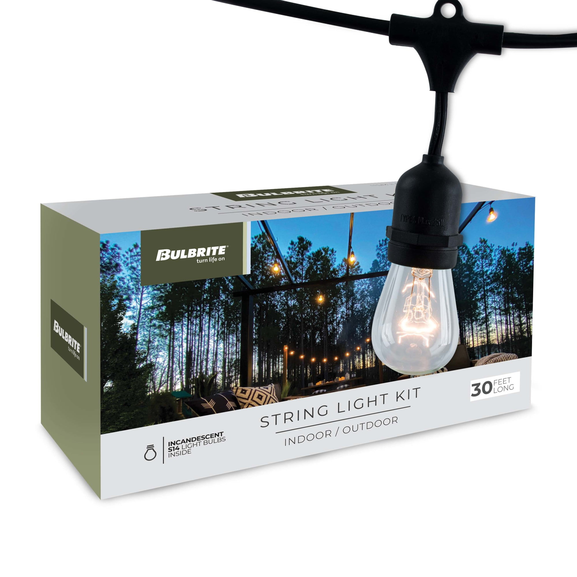 Bulbrite 812312 30 ft. String Light Kit with Clear Vintage Style S14 Incandescent Light Bulbs