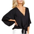 thumbnail image 2 of hxobax Plus Size Batwing Sleeve Shirts Womens Kimono Blouse Loose V Neck Tshirt Tie Knot Summer Tops, 2 of 3
