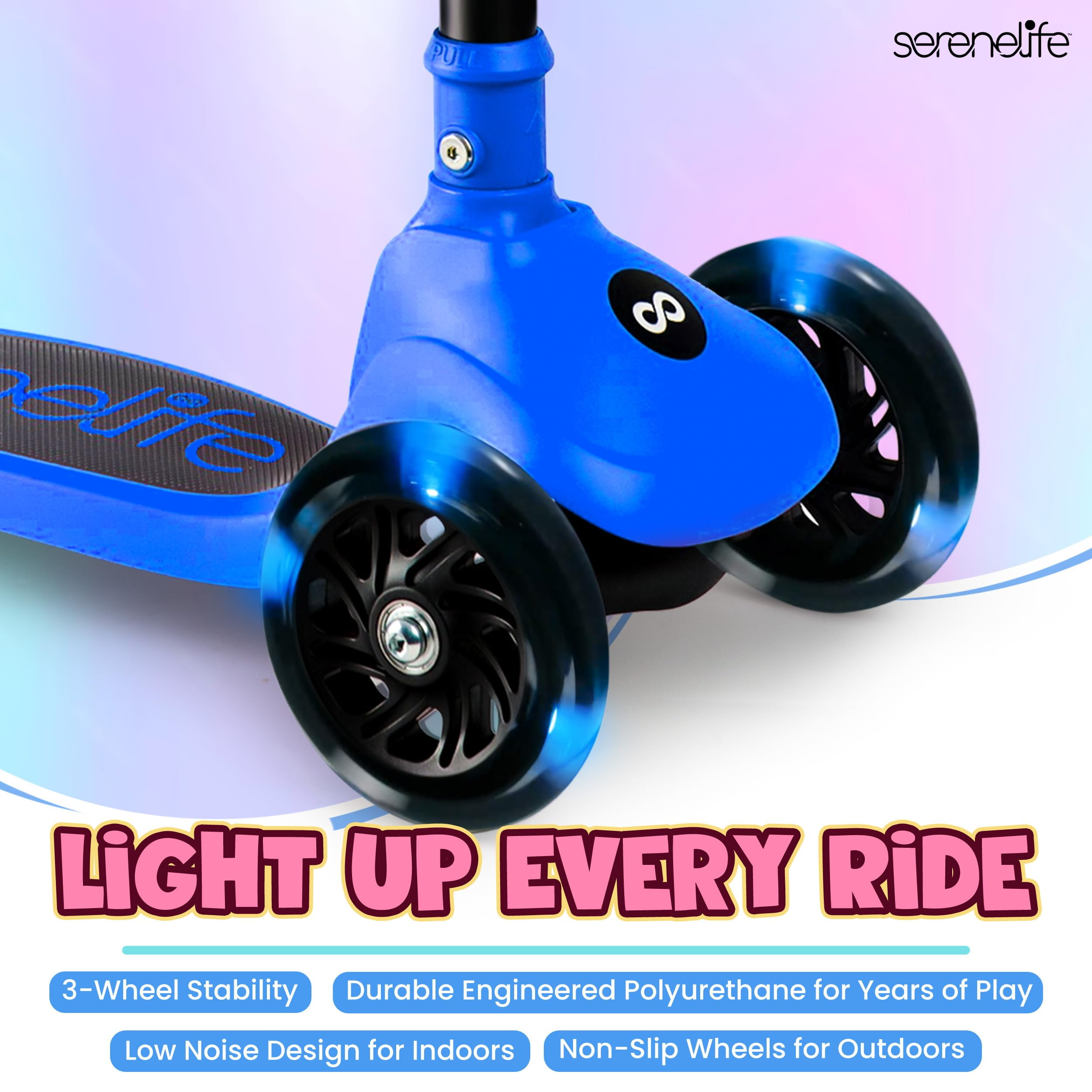 SereneLife 3-Wheel Foldable Kids Scooter – LED Wheel Lights, Adjustable Handlebar, Rear Foot Brake, Lean-to-Steer, Anti-Slip Deck – Ideal for Toddlers & Kids 2+, up to 110 lbs