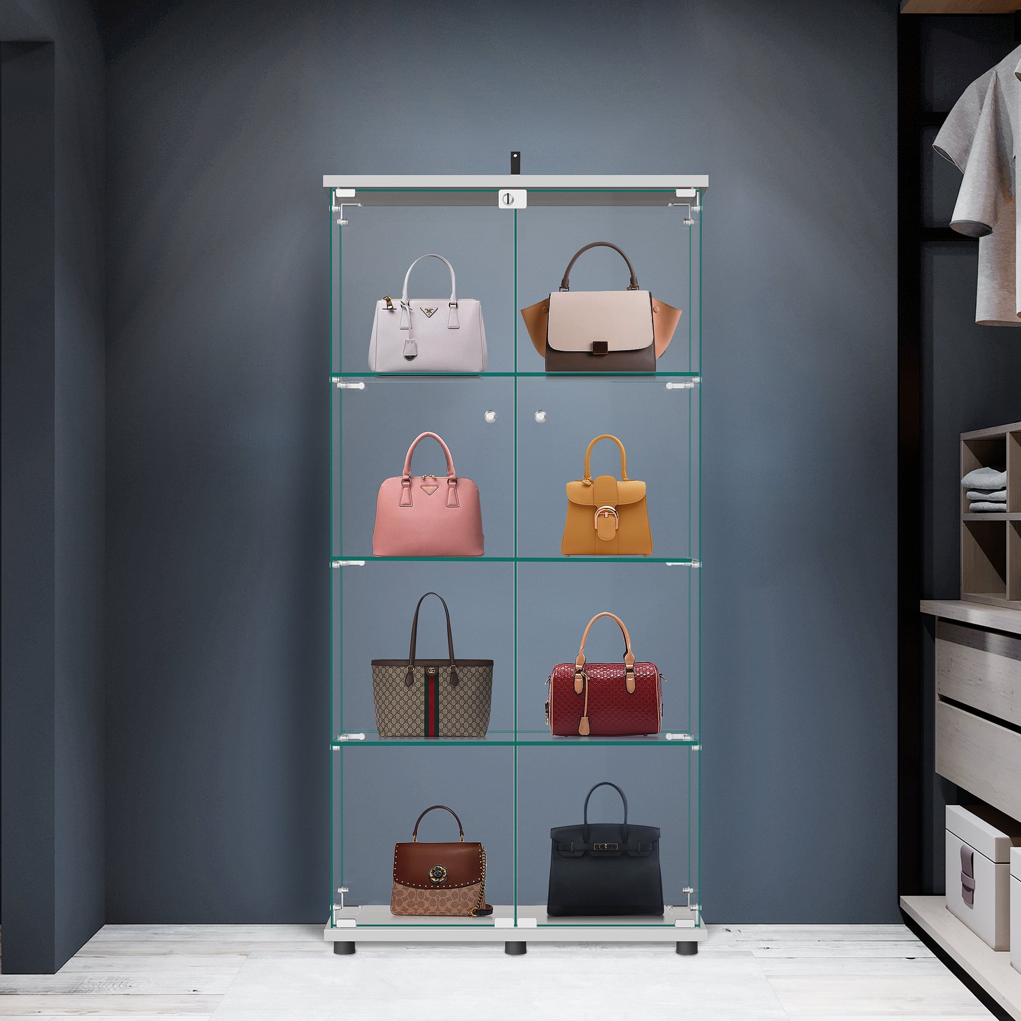 MAYEERTY 4-Tier Glass Display Cabinet with Double Door, Curio Cabinet Collection Showcase, White, 64.5"x32"x14.4"