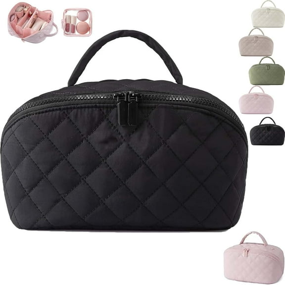 2026 New Travel Makeup Bag For Woman,Wide Open Lay-Flat Water-Resistant Cosmetic Case, Puffy Padded Organizer For Toiletries & Brushes Large Capacity With Compartments (Black)