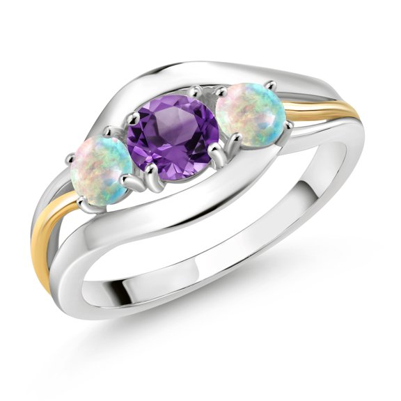 Gem Stone King 925 Sterling Silver and 10K Yellow Gold Round Purple Amethyst and White Opal 3 Stone Ring for Women (0.98 Cttw, Size 9)