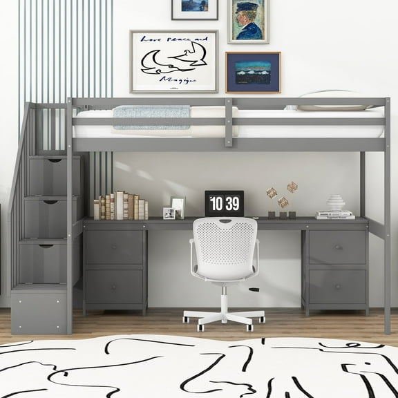 Miekor Furniture Twin Size Loft Bed Frame with Built-in Desk and Double Storage Drawers,Gray B3A845