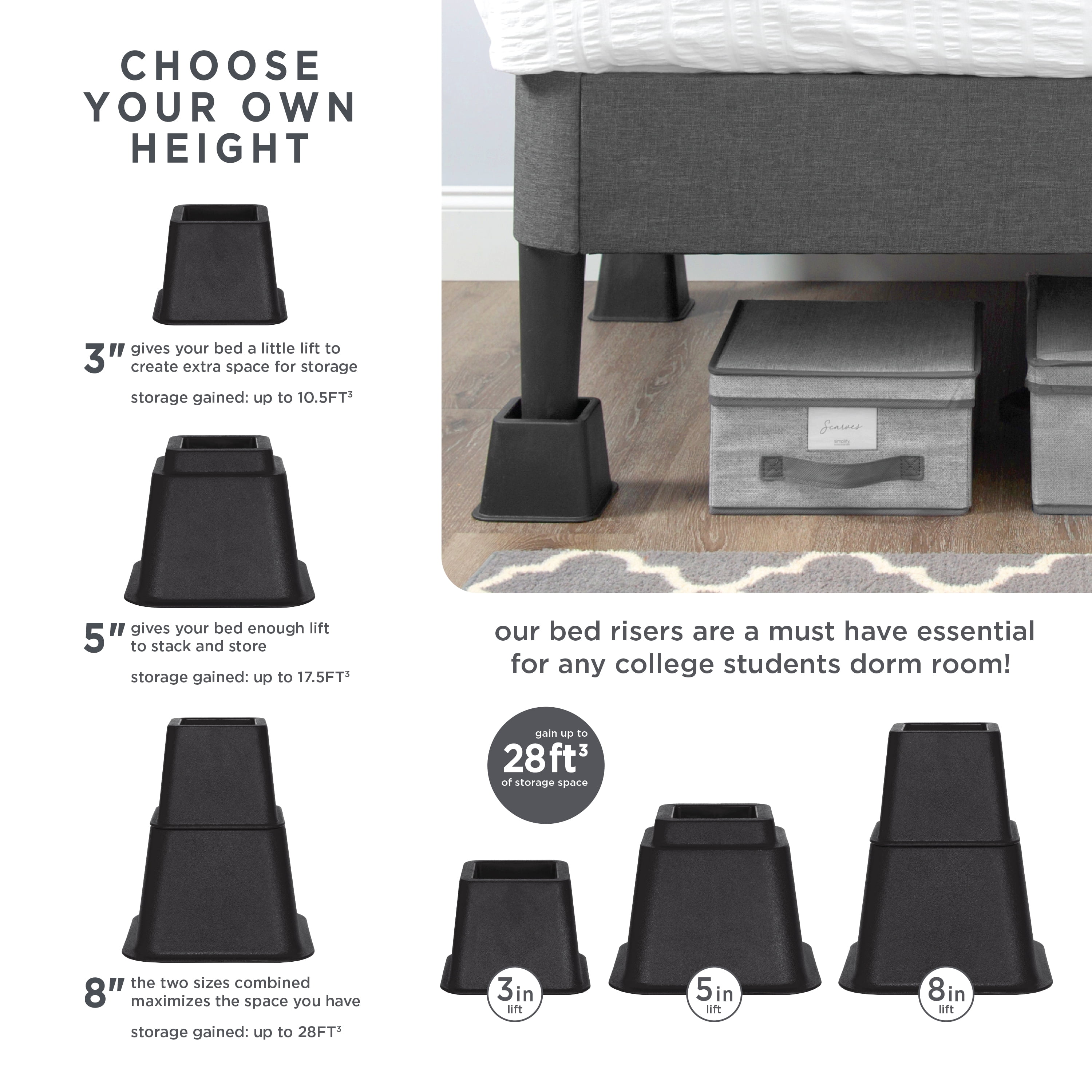 Simplify 8 Piece Plastic Adjustable 3", 5", or 8" Bed Risers Set, 4.5" x 4.5", Black