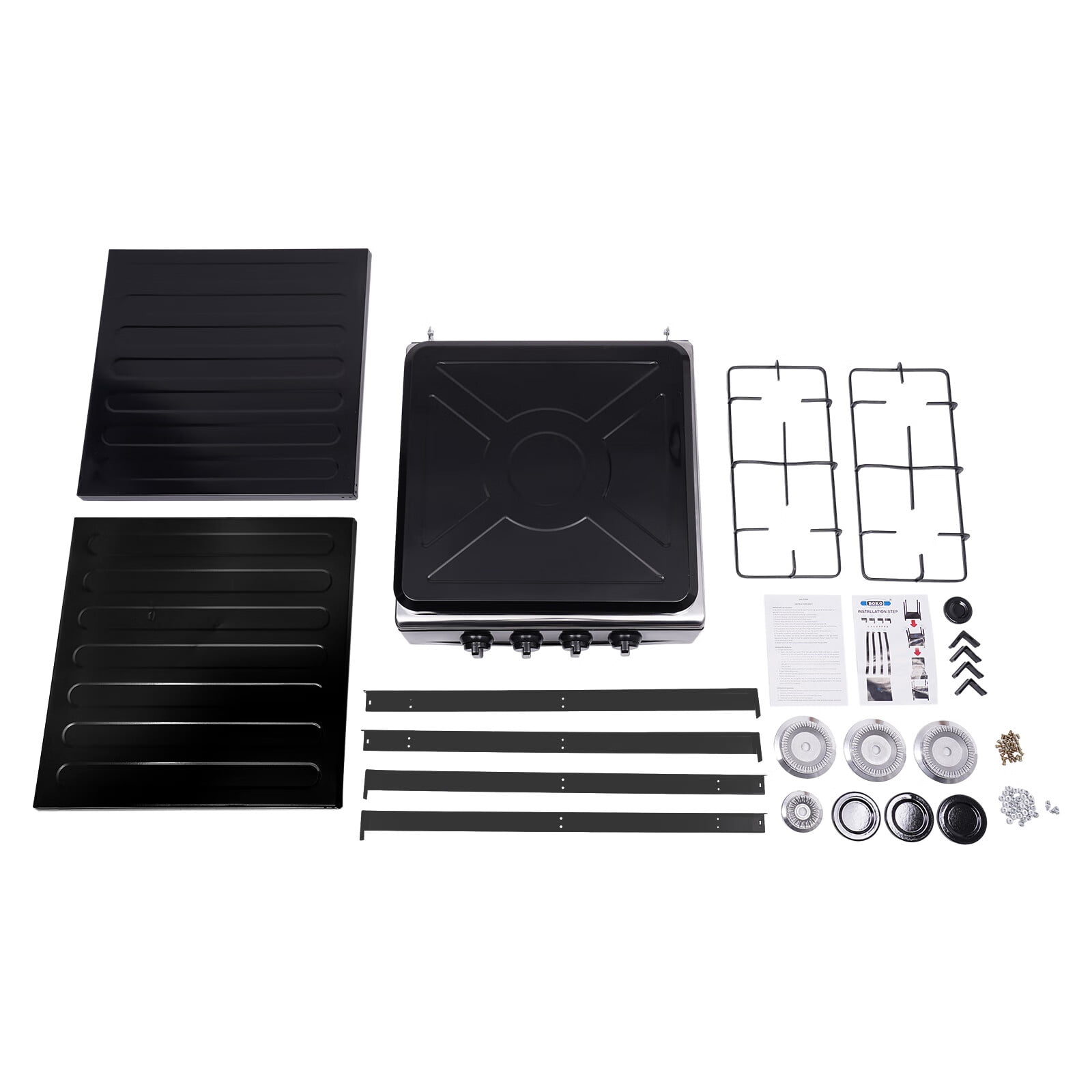 Aiqidi Portable Gas Stove 4 Burner with Support Leg Stand and Wind Blocking Cover Manual Ignition Camping Stove (Black)
