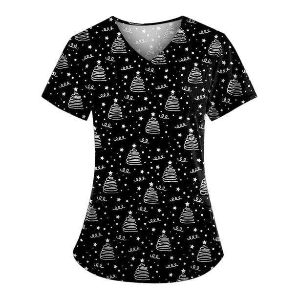 Pntutb Moda para mujer Camisetas de manga corta con cuello en V Uniforme de trabajo Estampado de Navidad con tops de blusa de bolsillo PNTUTB Pntutb-1928