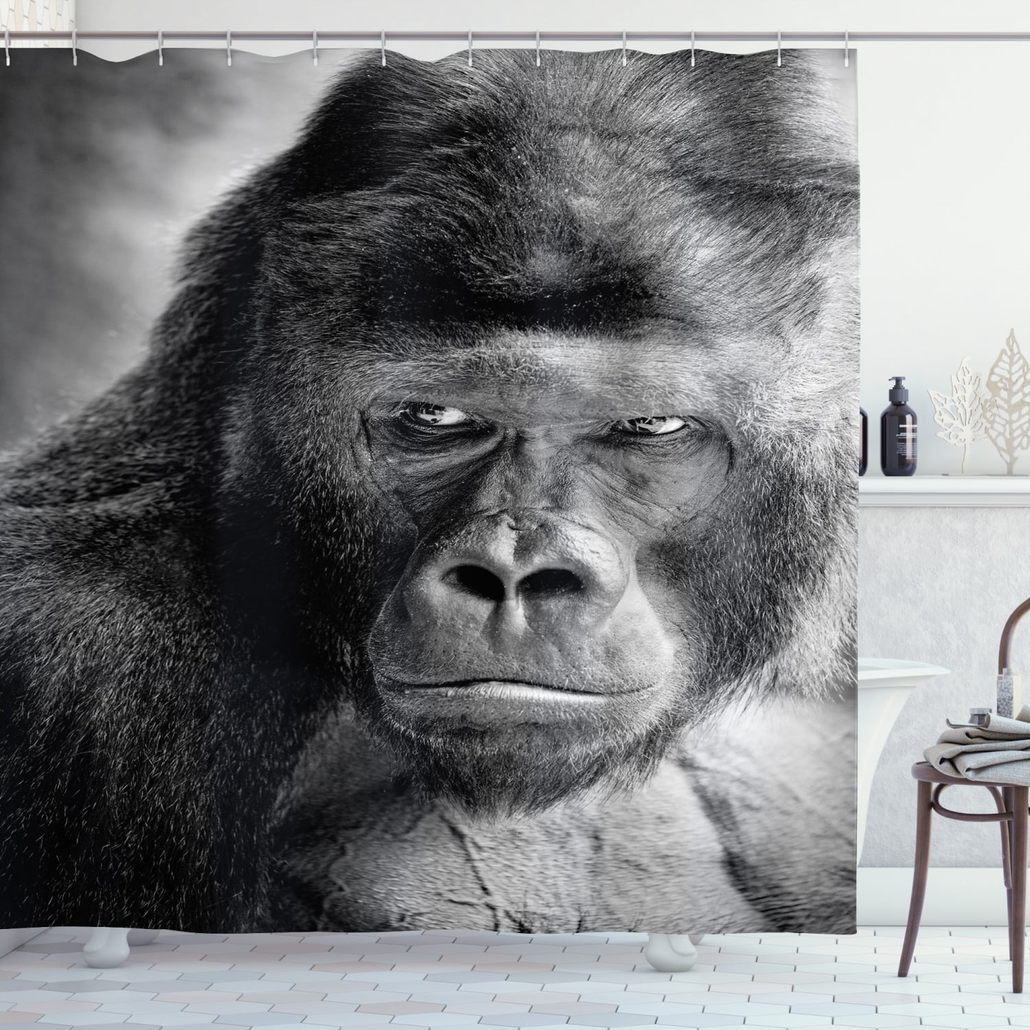 Gorilla Monkey Animal Shower Curtain Bathroom Decor Waterproof Fabric & 12 Hooks 