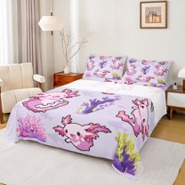 Manfei Kawaii Axolotl 4 Pieces Queen Sheet Sets for Teens Kids,Cartoon Animal Ultra Soft Flat Sheet,Cute Marine Salamander Queen Fitted Sheet,Lightweight Room Decor