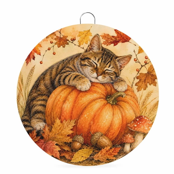 Welcome Sign Front Door Decorations, Cat Pumpkins Thanksgiving Round Wall Art Outdoor Metal Wreaths, Fall Maple Leaves Vintage Art Seasonal Hanging Sign for Home Porch Decor Warming Gift 8 In