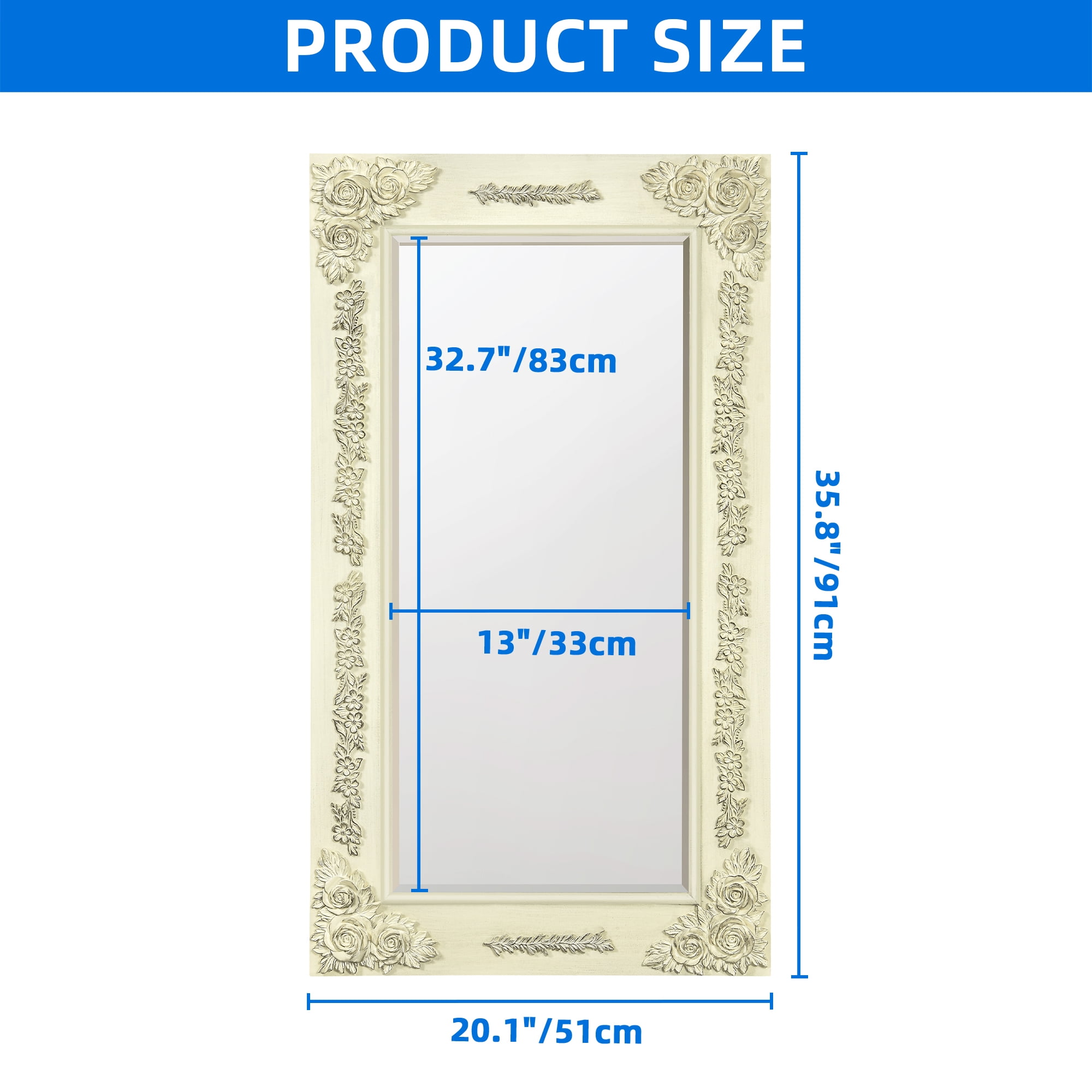 Dextrus 36"x20" Wall Mirror with Rectangular Wood Frame,Vintage Mirror, French Vanity Mirrors, White