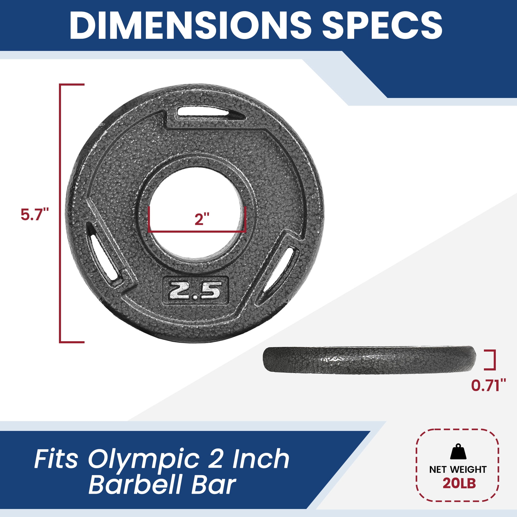 FlexWave Cast Iron Weight Plates, 2" Center Hole, Pair Set with 3-Grip Handles, Gray Rust-Resistant Finish