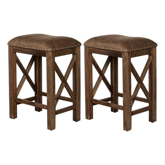 Bowery Hill 26" Transitional Wood/Faux Leather Counter Stool in Brown (Set of 2)