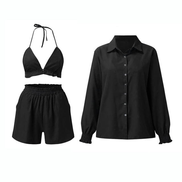 Birdeem Ensemble d'Été Trois Pièces pour Femmes Chemise à Manches Lanterne Imprimée et Short Aguichant avec Bretelles Mode Décontractée