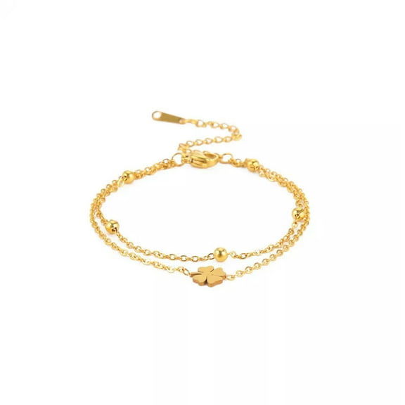 Stainless Steel Gold Four-Leaf Clover Pearl Double Layer Bracelet Jewelry
