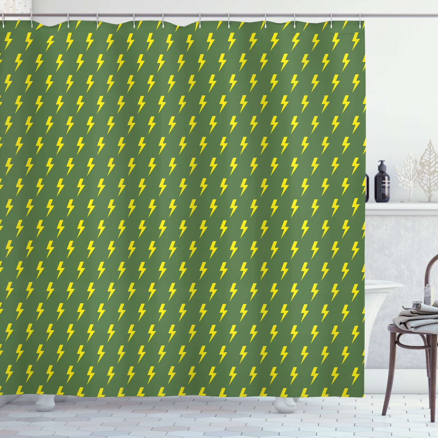Green and Yellow Shower Curtain, Simple Pattern with Yellow Arrows of Thunder Retro Hipster