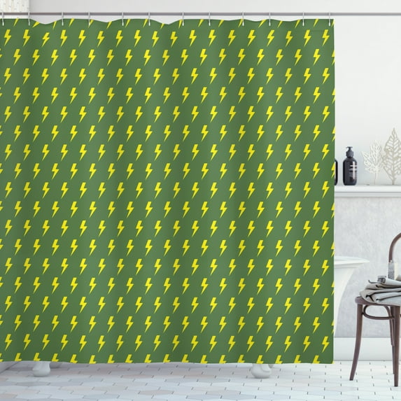 Green and Yellow Shower Curtain, Simple Pattern with Yellow Arrows of Thunder Retro Hipster, Fabric Bathroom Set with Hooks, 69W X 84L Inches Extra Long, Olive Green and Yellow, by Ambesonne
