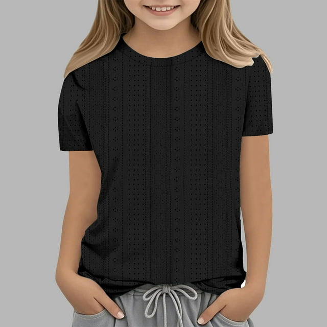 Zpanxa T-Shirts pour Tout-Petites Filles Couleur Unie Manches Courtes Col Rond Hauts T-Shirt avec Polyester Spandex 3-4 Ans