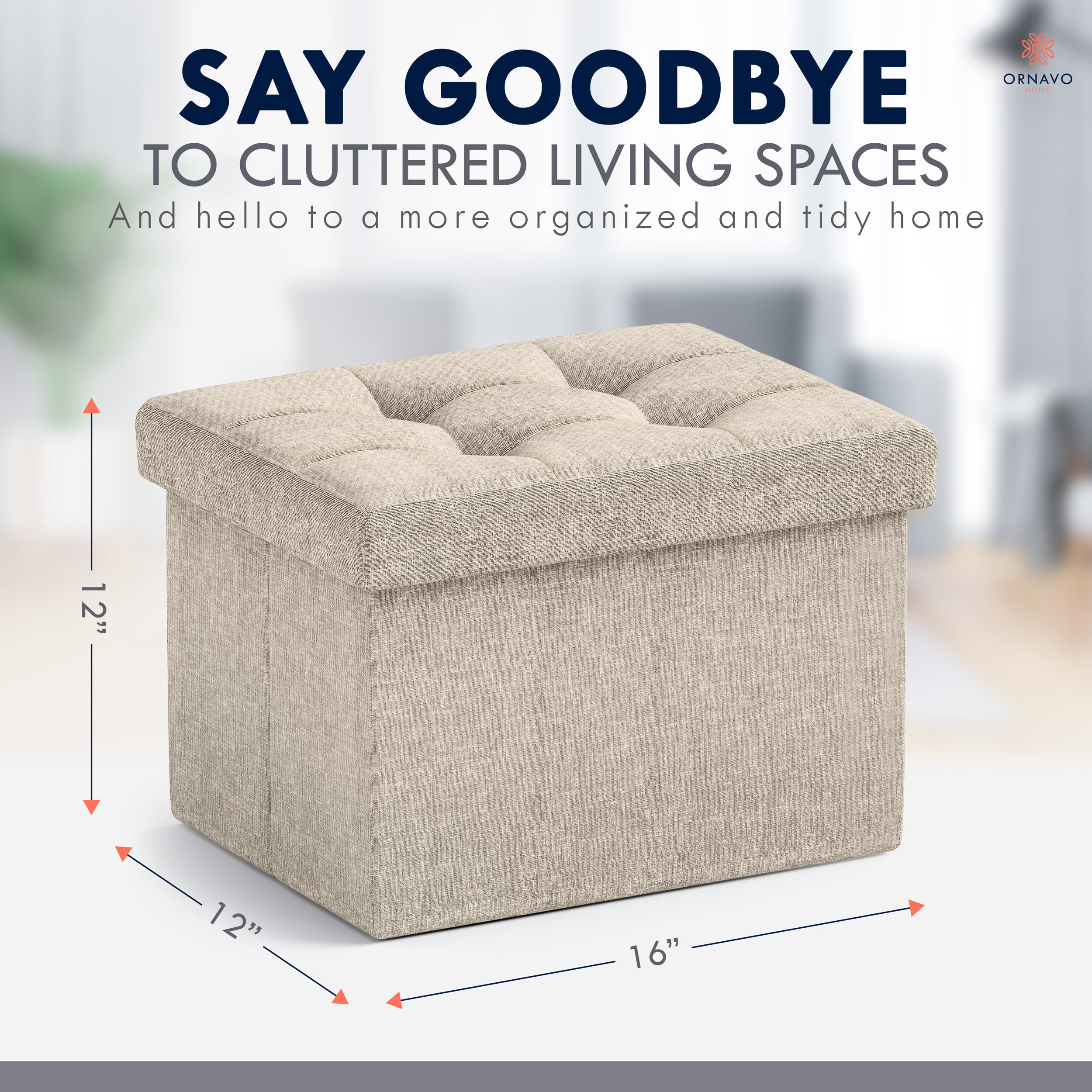 Ornavo Home Small Storage Ottoman, Beige Linen photo 2