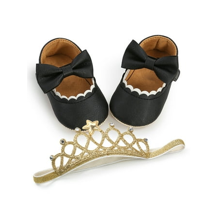 

Lacyhop Toddler Mary Jane Comfort Flats Bowknot Crib Shoes Party Lightweight Princess Dress Shoe Breathable First Walkers Black Bow with Headband 4C