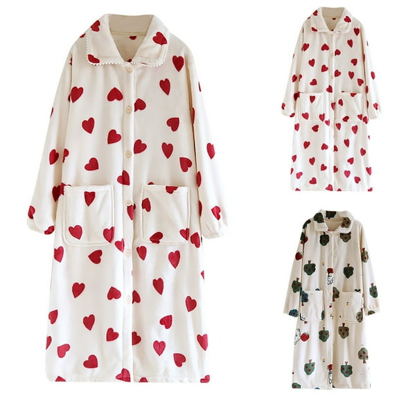 Fuzzy Button Down Robe Ankle Length Plush Housecoat with Collar Detail Soft Bathrobe