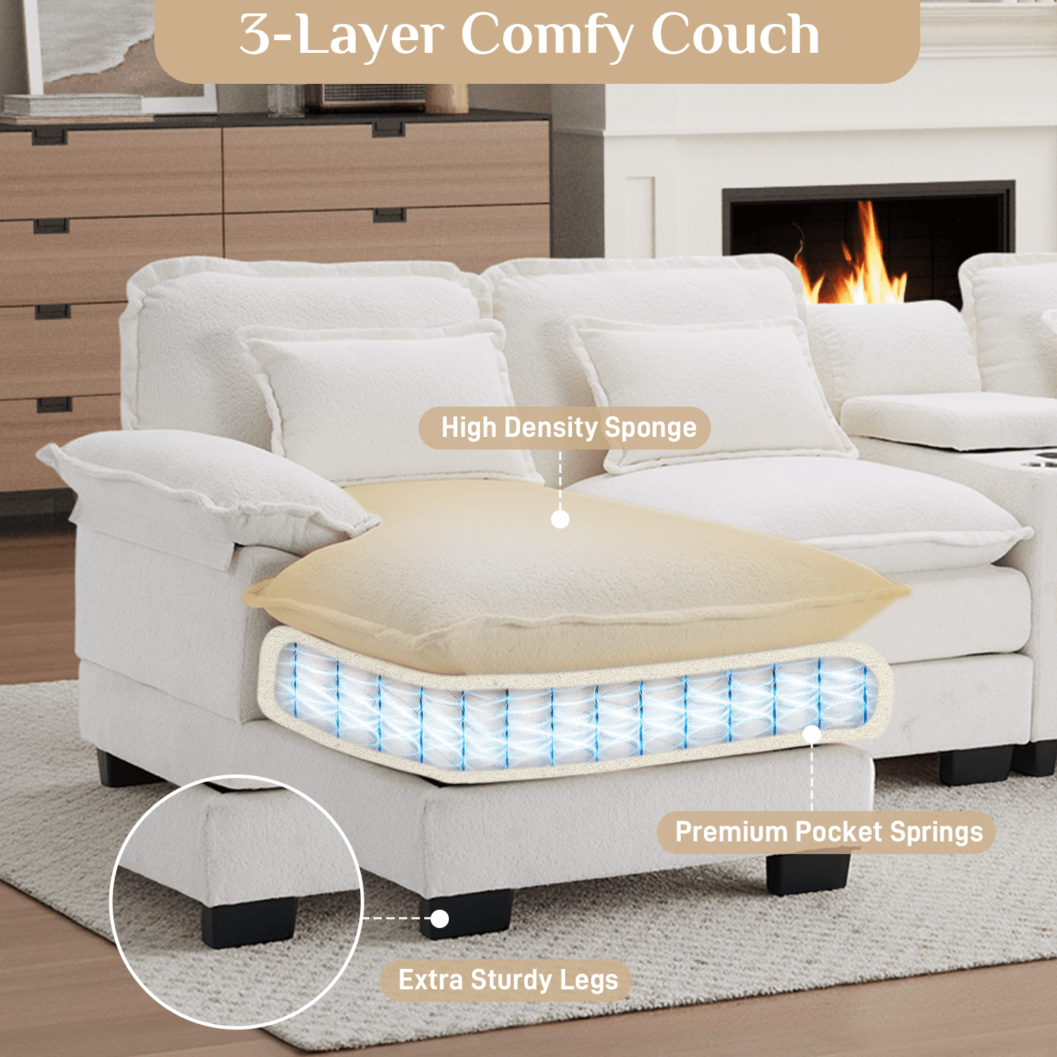 Wiilayok 133" U Shaped Cloud Couch Modular Sectional Couches for Living Room Fluffy Chenille Deep Seat Sofa Set with Double Chaise Lounge, Storage Central Console, Cup Holders, USB Port, Beige White