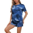 thumbnail image 4 of Conjunto de pijama de teñido anudado para mujer INSPIRE CHIC, camiseta de cuello redondo de manga corta con pantalones cortos, 2 piezas de ropa de casa, sudadera, traje de chándal XS azul profundo, 4 of 5