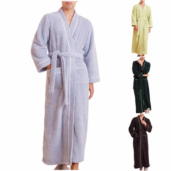 Bovxnpu Men's Bathrobes Long Sleeve Robe Knee Length Tied Waist Collar Sleepwear