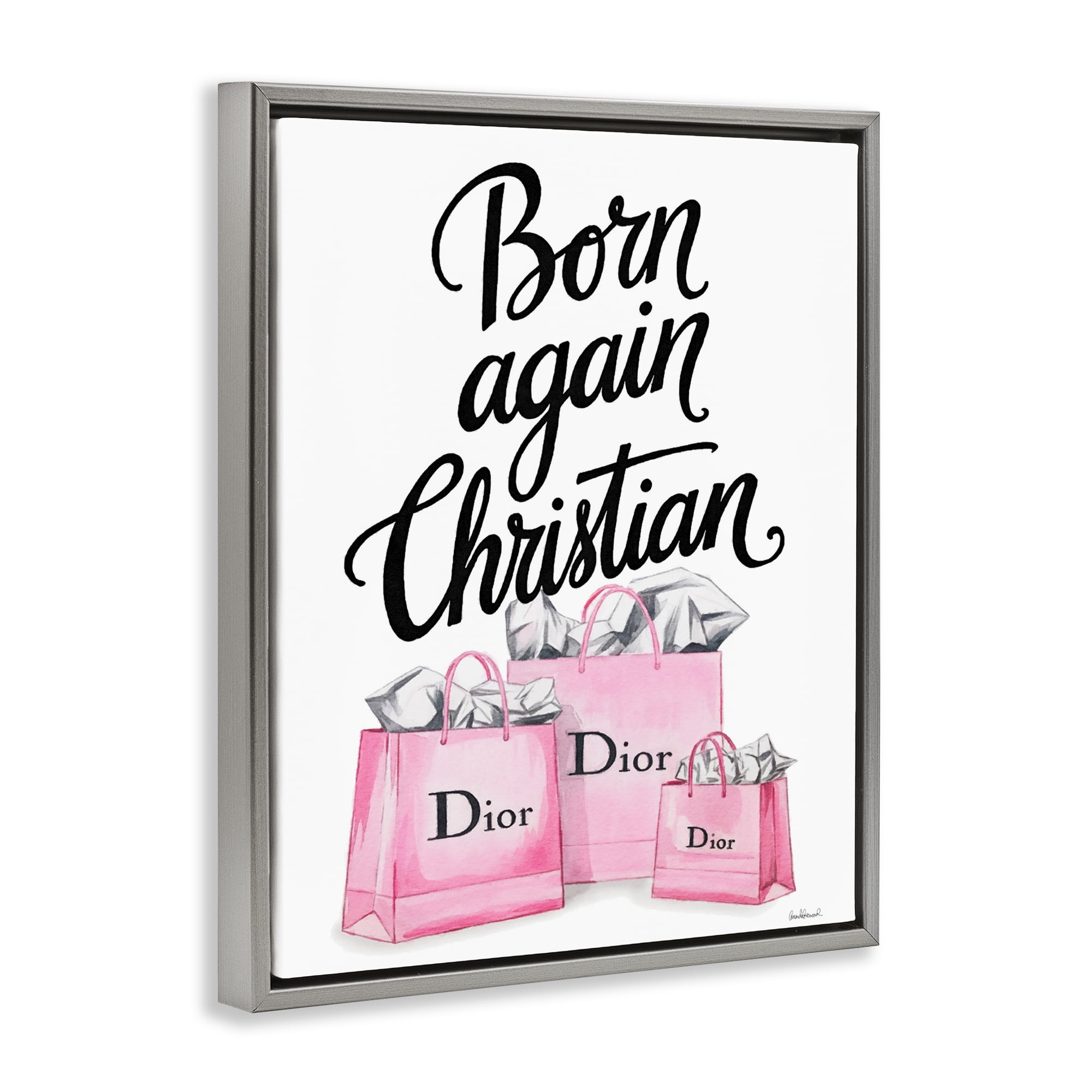 Pink Bags Born Again Christian Gray Framed Floater Canvas Wall Art, design by Amanda Greenwood