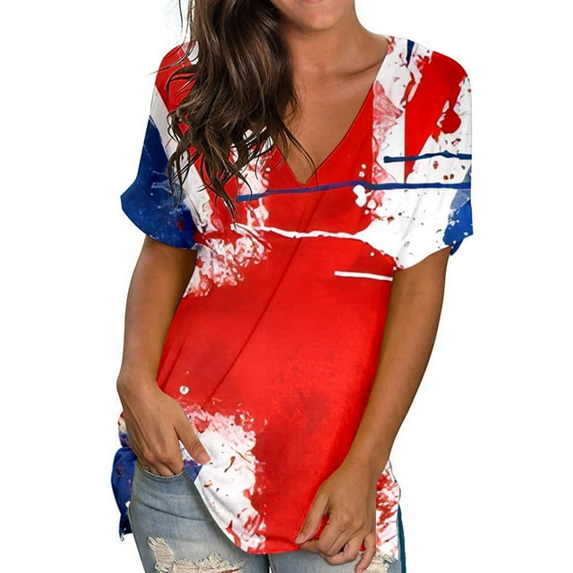 Hauts d'Été Grande Taille pour Femmes Chic Femmes T-Shirts à Col Rond Imprimés Manches Courtes T-Shirt Blouse Hauts Amples T-Shirt à Col en V Femmes en Liquidation