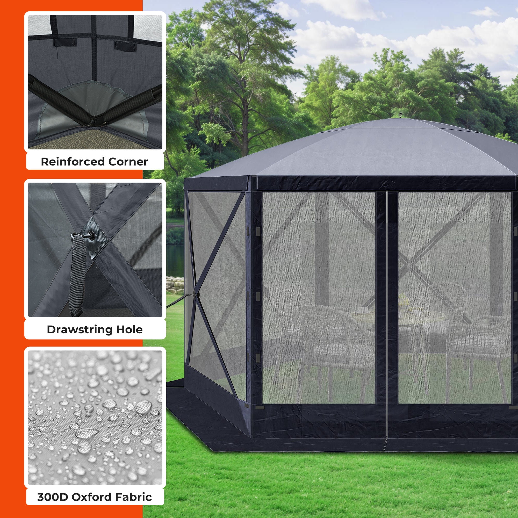 Uforic 11.5x11.5ft Pop Up Canopy Gazebo, Outdoor Canopy Tent with 6 sidewalls and Netting, Waterproof, UV Resistant, Party Tent with Carrying Bag for Camping, Gray