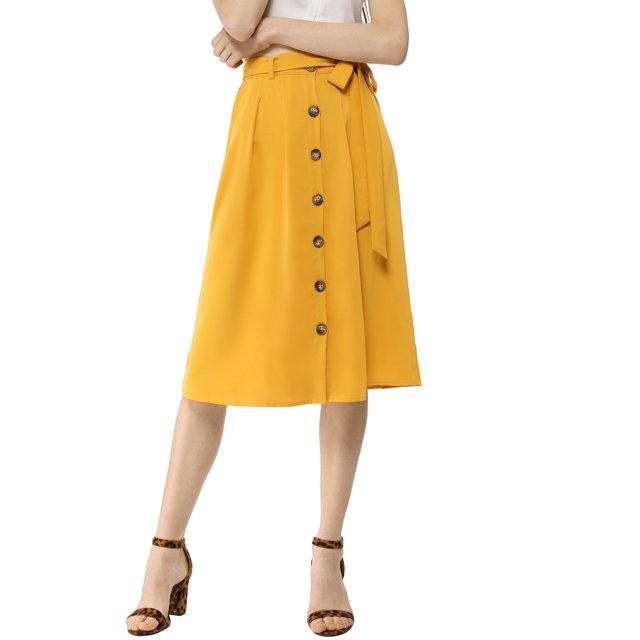 Unique Bargains Jupe Midi Évasée à Taille Haute avec Ceinture et Boutons pour Femmes
