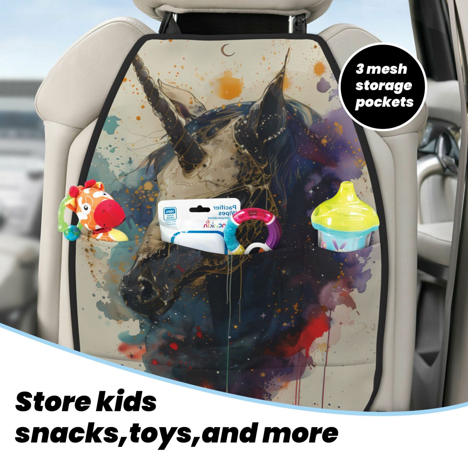 Xecao Colorful Ink Cute Horse Pattern Car Seat Back Protector 2 Pack Large Capacity Pocket, Kick Mats Back Seat Protector