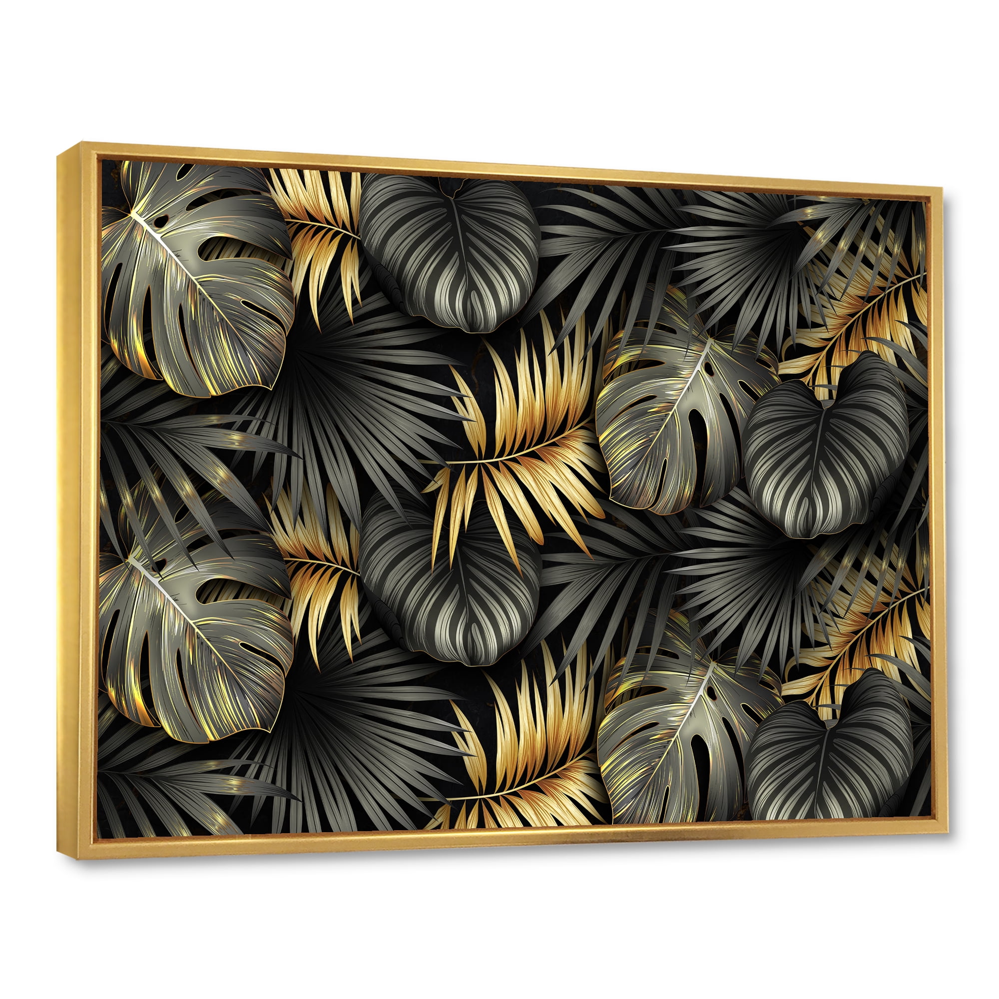 Designart 'Gold and Black Tropical Leaves II' Modern Framed Canvas Wall Art Print