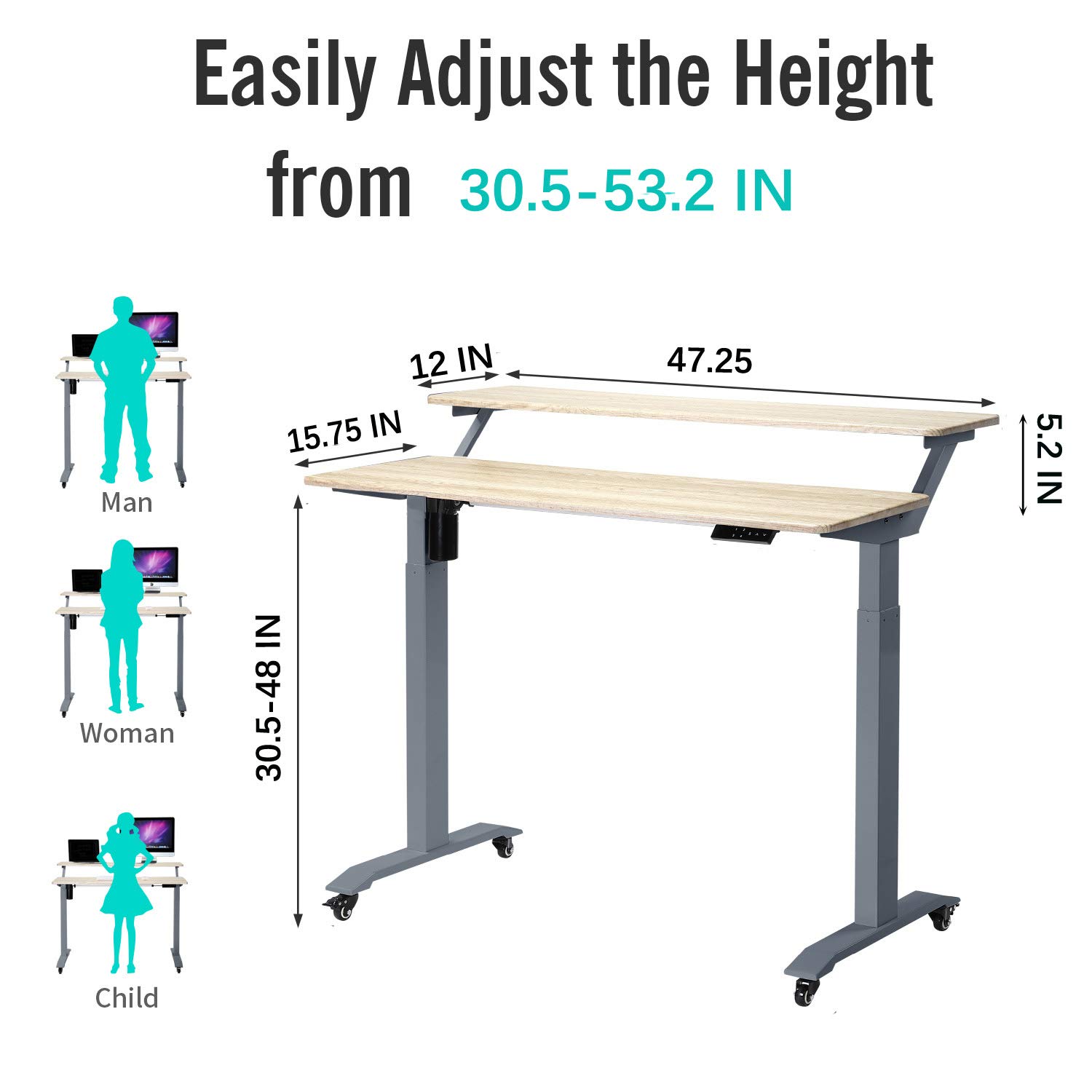UNICOO® 2 Tier Electric Height Adjustable Standing Desk with Wheels, Electric Mobile Standing Workstation, Sit Stand Desk Home Office Desk Whole-Piece Desk Board 48 * 24 in (KT1002-GG) 2Tier
