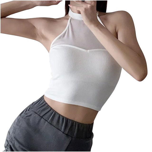 Yuyuzo Women's Tank Tops Mesh Front Going out Tops Sleeveless High Neck Crop Tops Solid Color Tanks