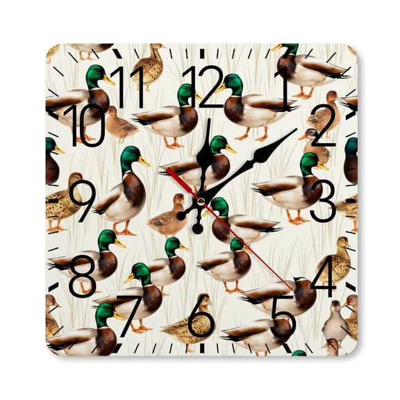 RKSupls 10×10inch Square Silent Wall Clock Wooden Frame, Duck Seamless Pattern Scale Decorative Clock for Home Bedroom Living Room Office