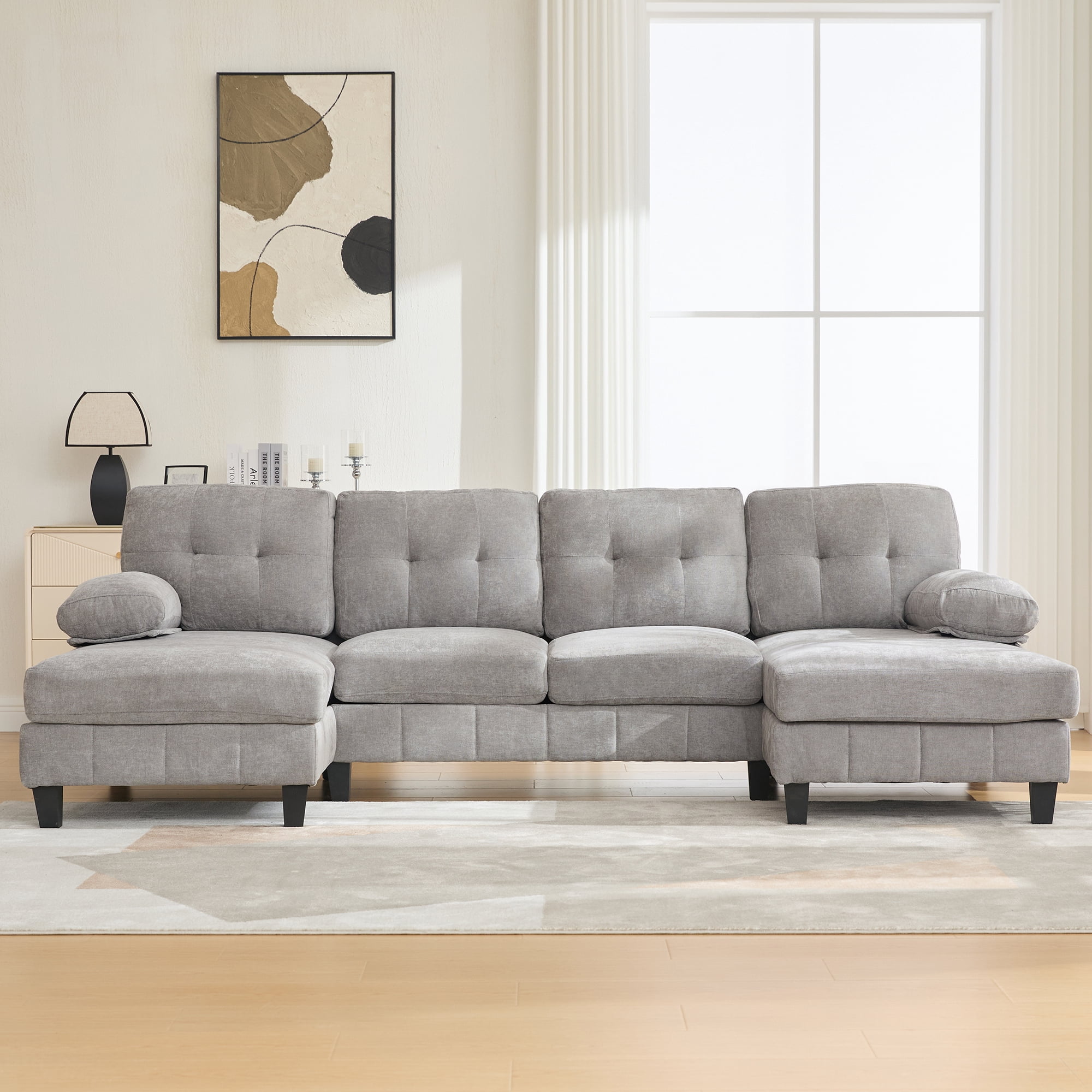 Leumius U Shaped Sectional Sofa, 103.5" Chenille Fabric Couch with Double Chaise Lounges, U Shaped Couch for Living Room, Gray