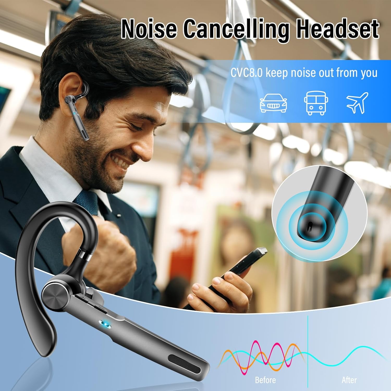 Bluetooth Headset, Wireless Earpiece with ENC Microphone, Single-Ear Bluetooth Earpiece V5.3 with Earhook, 60H Talktime, IP7 Waterproof Hands Free Earphones for for Business/Office, Carbon Black