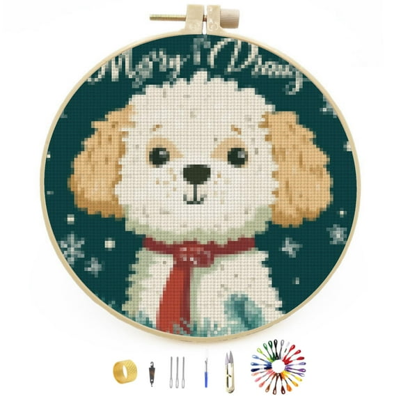 Merry Christmas Golden Doodle Dog DIY Stamped Cross Stitch Kits Easy for Beginners with Hoop 11CT Counted Embroidery Needlepoint Crafts Arts for Handmade Enthusiasts and Home Decor 30x30cm(4)