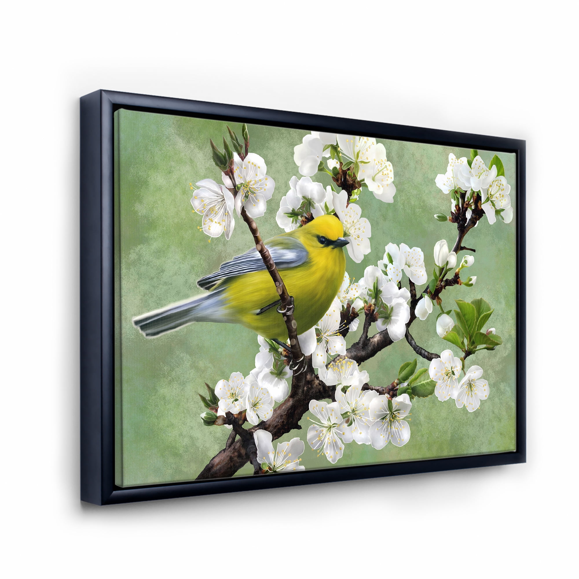 Designart 'Bird Sitting On A Branch of Cherry' Traditional Framed Canvas Wall Art Print