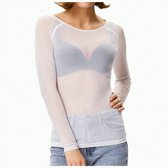 Splozh Women Y2K Long Sleeve Women's See Through Long Sleeve Seamless Arm Top Mesh Shirt Blouse White,S