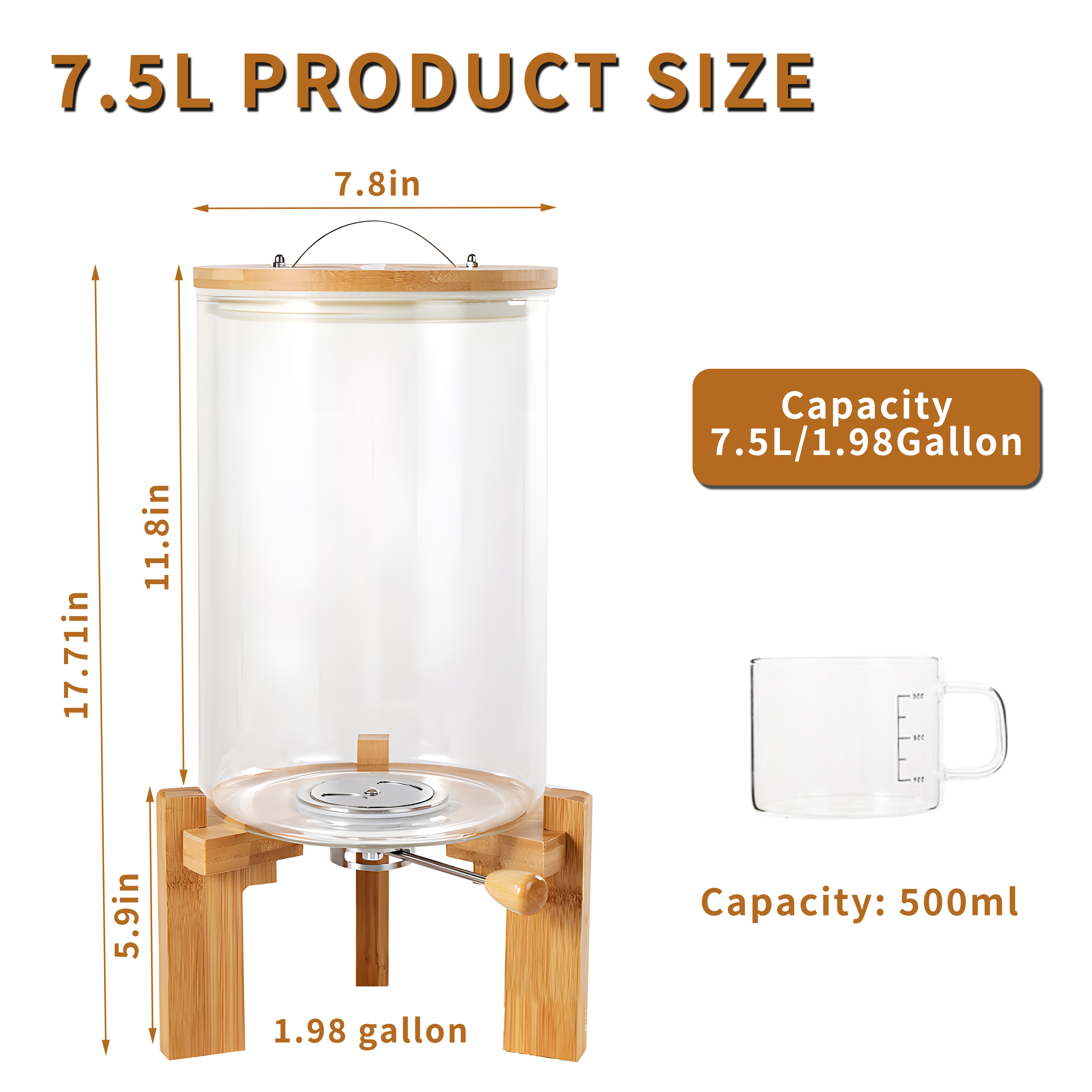 Gtouse 7.5L Glass Rice Dispenser, 11.81'' Height Cereal Dispenser w/ Bamboo Stand, Airtight Food Storage Container w/ Measuring Cup
