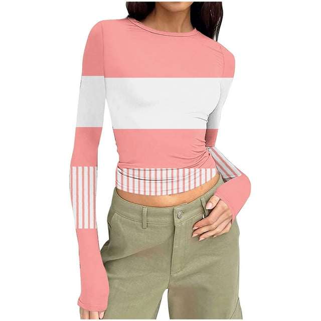 Kaemgyyd Womens Long Sleeve Shirts Fall Fashion Striped Basic Tops Going out Workout Outfits Plus Size Spring Clothes